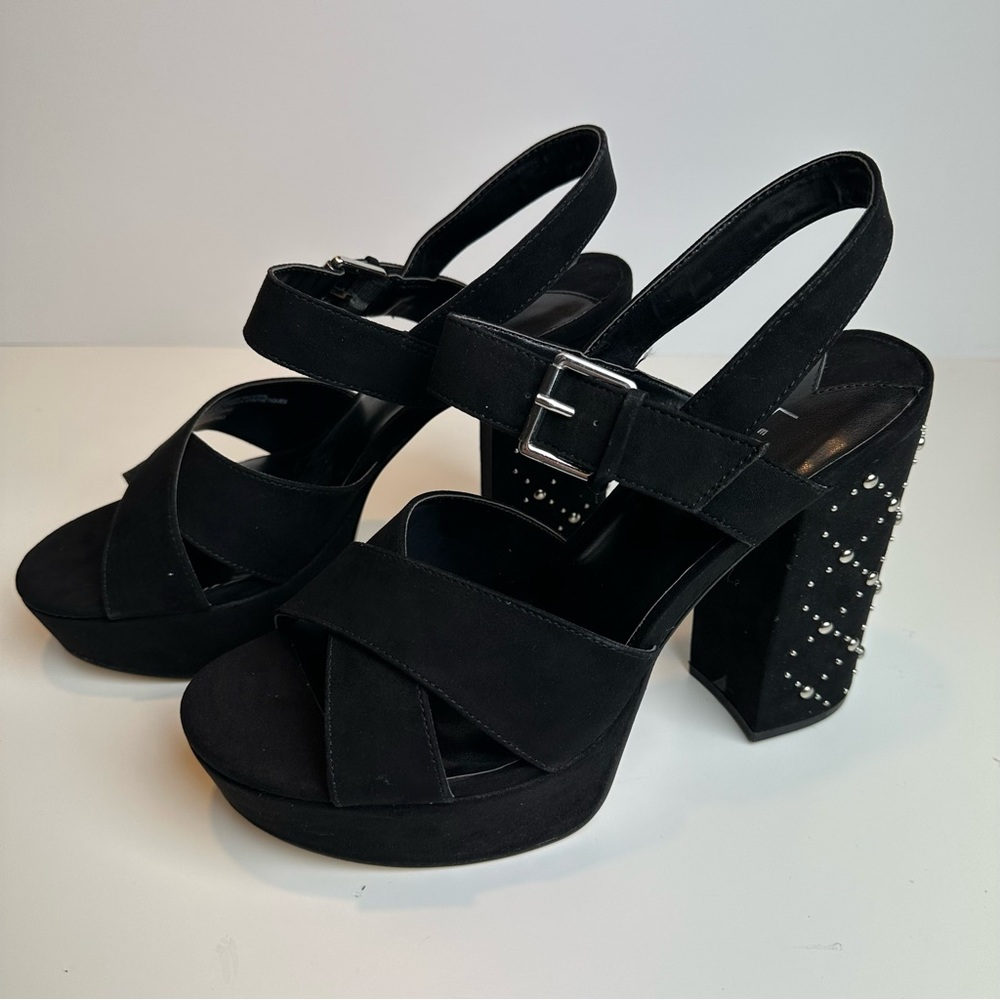 Leith Platform Chunky Block Studded Heel | Black Faux Suede | Size 9